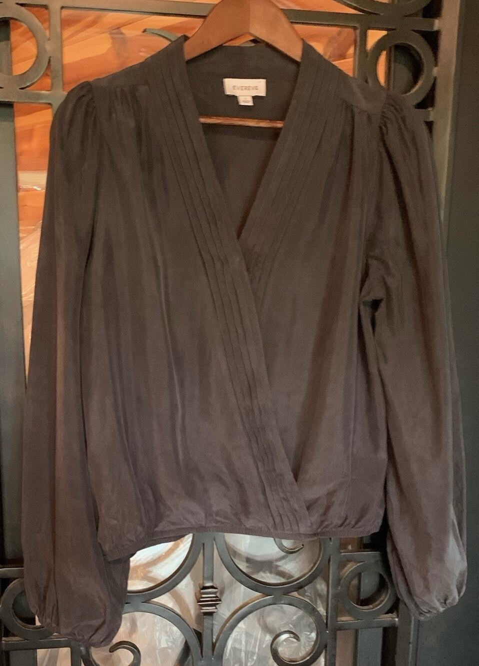 EVEREVE Pleated Surplice Wrap Blouse Top Charcoal Gray Cupro Puff Sleeve L